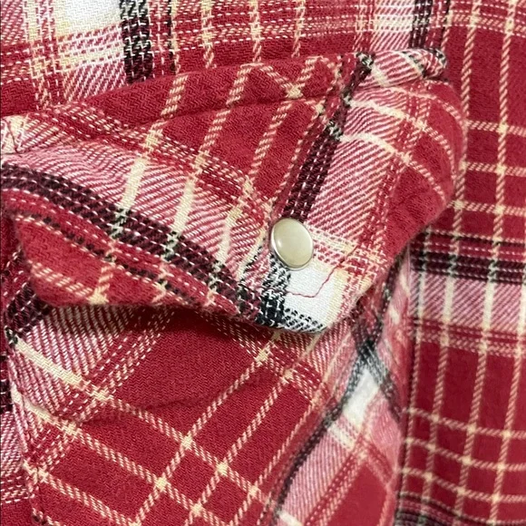 Wrangler Rancher Red Plaid Flannel Button-Down Shirt Pearl Snap Buttons, Size - Picture 3 of 8